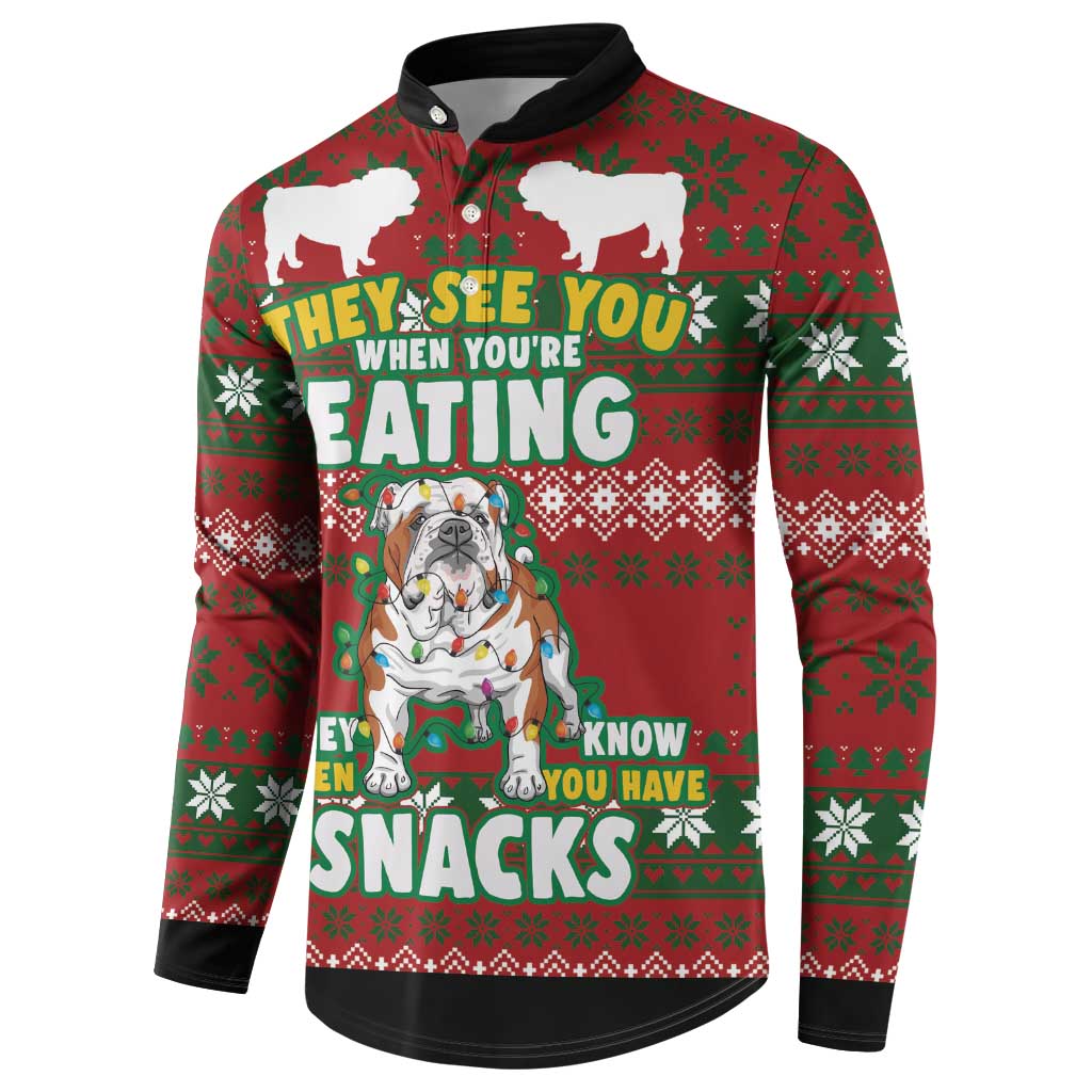 Red and green Christmas button sweatshirt with bulldog character and 'THEY SEE YOU EATING' text