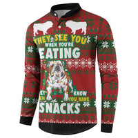 Red and green Christmas button sweatshirt with bulldog character and 'THEY SEE YOU EATING' text