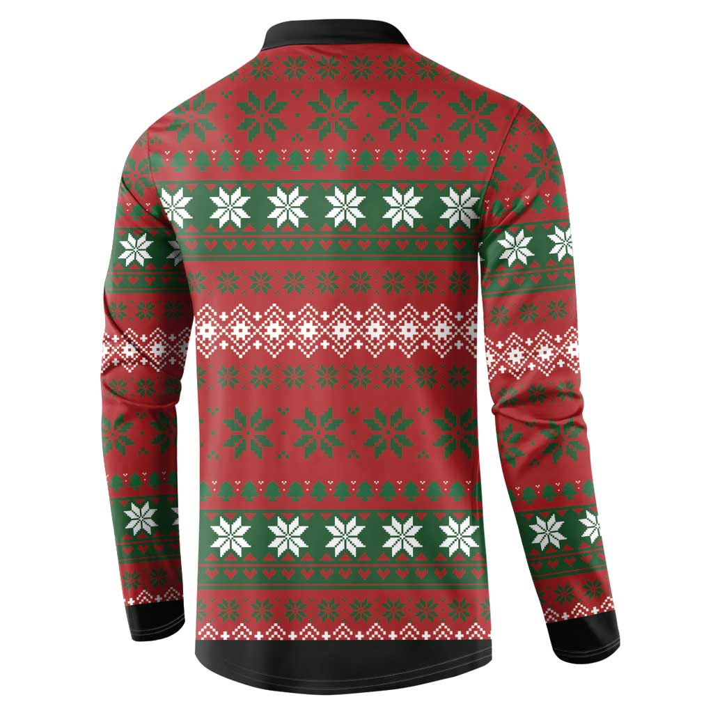 Red and green Christmas button sweatshirt with snowflake and holiday pattern on back