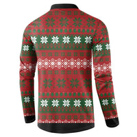 Red and green Christmas button sweatshirt with snowflake and holiday pattern on back