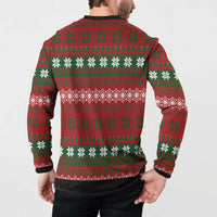 Red and green Christmas button sweatshirt worn by a man, patterned back design with snowflakes