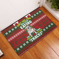 Red Christmas rubber doormat with border pattern and bulldog snack text