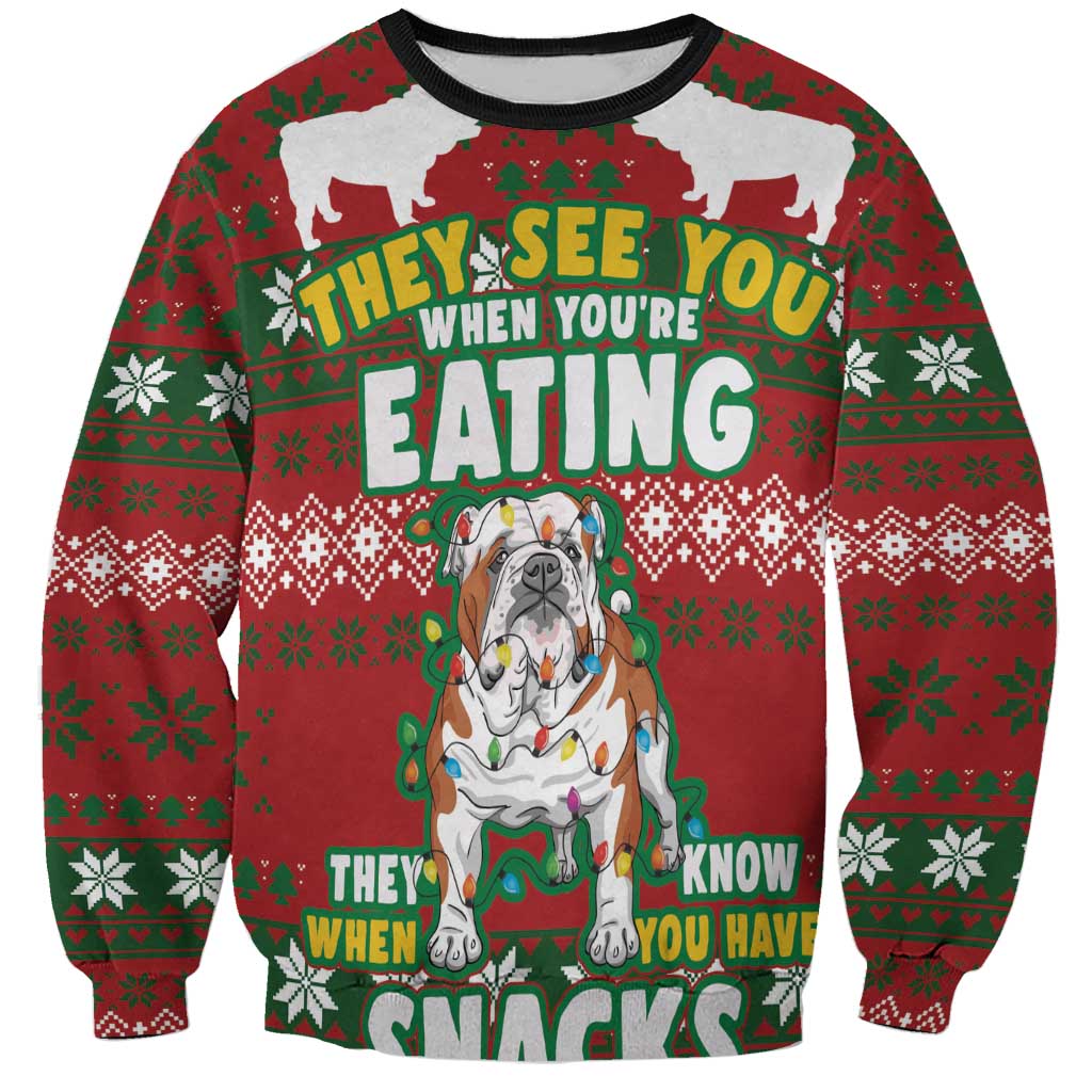 Red Christmas sweatshirt with bulldog graphic and bold 'they see you' text