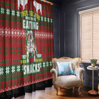 Red Christmas window curtain panel with bulldog graphic and colorful 'snacks' text