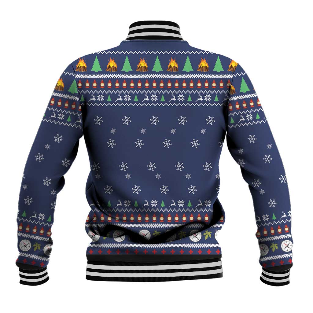 Blue Christmas baseball jacket back with snowflake and holiday pattern, ribbed hem and cuffs