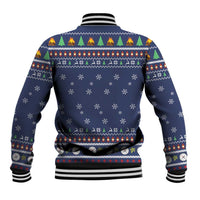 Blue Christmas baseball jacket back with snowflake and holiday pattern, ribbed hem and cuffs