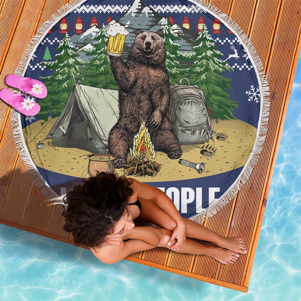 Round beach blanket featuring bear camping scene and 'HATE PEOPLE' text, fringed edge.