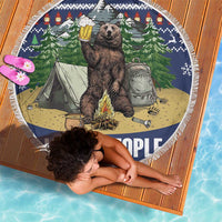 Round beach blanket featuring bear camping scene and 'HATE PEOPLE' text, fringed edge.