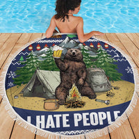 Round fringed beach blanket with bear camping graphic and 'HATE PEOPLE' lettering.