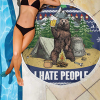 Round beach blanket with bear camping design and 'HATE PEOPLE' text, fringed edge.