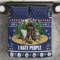 Blue bear camping Christmas bedding set with 'I HATE PEOPLE' text and two pillowcases