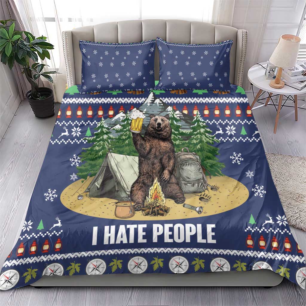 Blue bear camping Christmas bedding set on bed with 'I HATE PEOPLE' slogan and pine scene