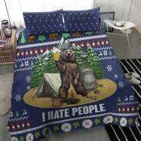 Blue bear camping Christmas bedding set with 'I HATE PEOPLE' slogan, trees and lantern border