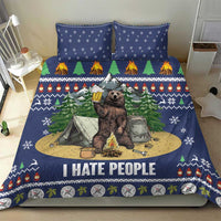 Blue bear camping Christmas duvet set with 'I HATE PEOPLE' text, campfire and lanterns
