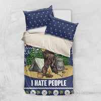 Blue bear camping Christmas bedding set with 'I HATE PEOPLE' duvet cover and two pillowcases