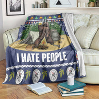 Blue bear camping Christmas blanket with tent, fire, and 'I HATE PEOPLE' text
