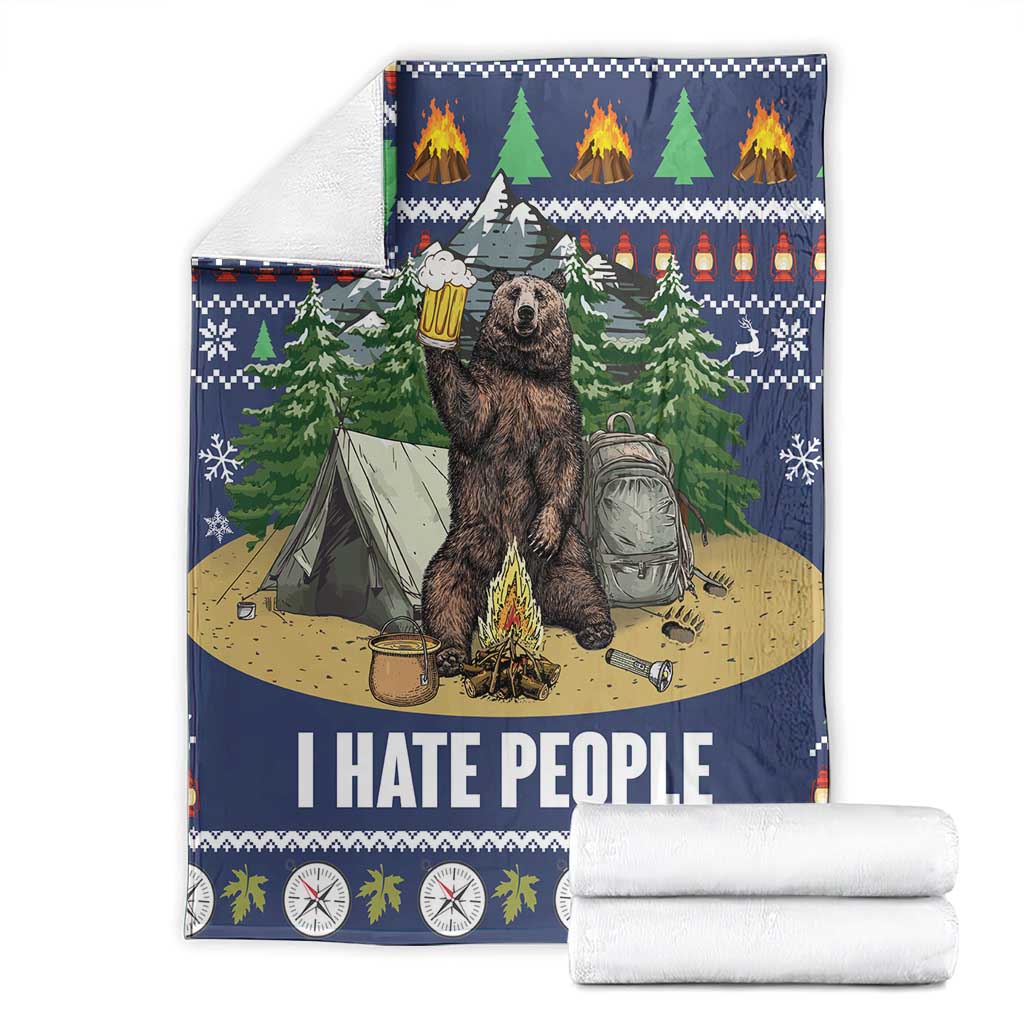 Blue bear camping Christmas blanket with bear, tent, backpack, and 'I HATE PEOPLE' text