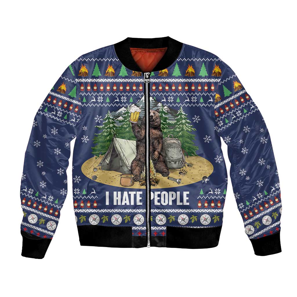 Unisex blue bomber jacket with full zip, bear campsite graphic and 'I HATE PEOPLE' text