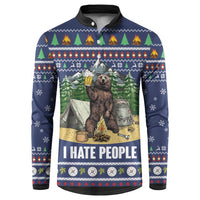 Blue button sweatshirt with bear camping graphic and “I HATE PEOPLE” front print