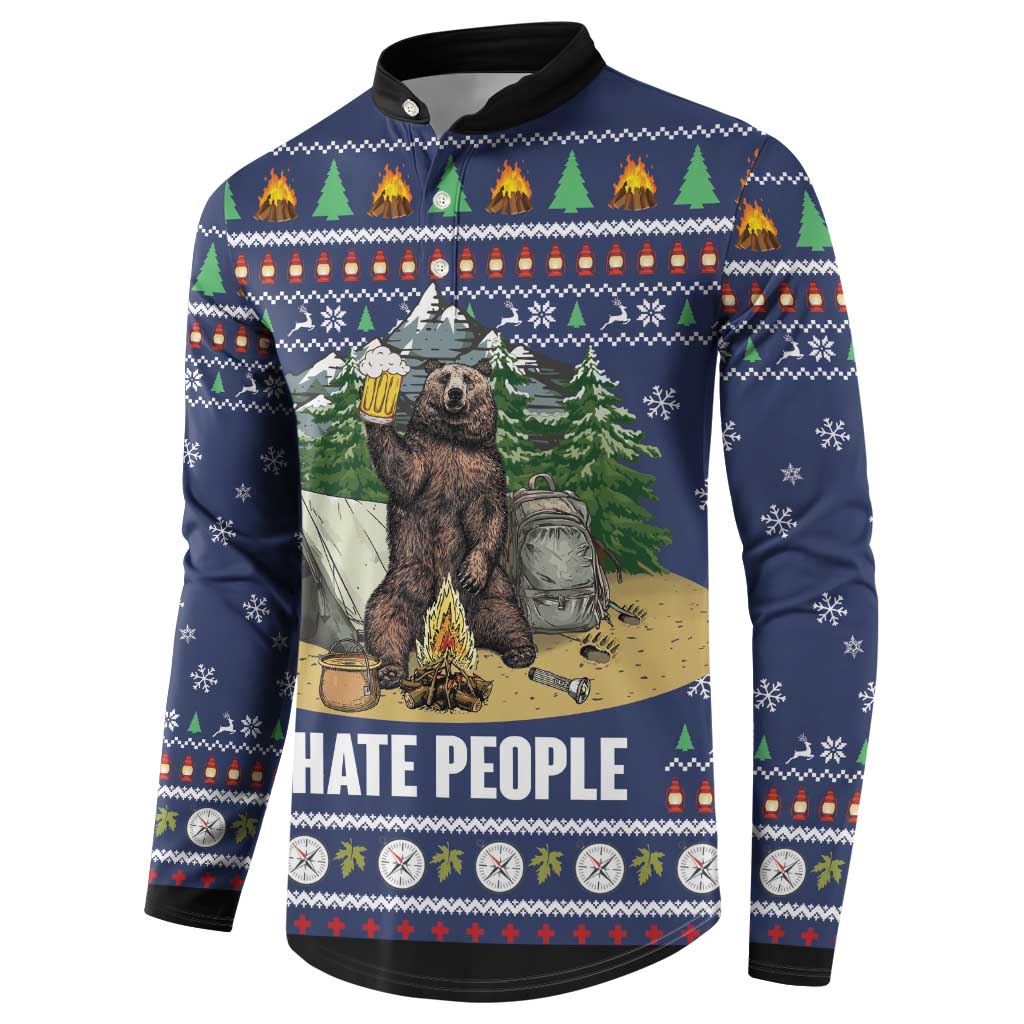 Blue button sweatshirt with bear camping scene and “I HATE PEOPLE” graphic, long sleeves