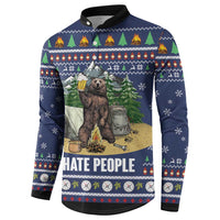 Blue button sweatshirt with bear camping scene and “I HATE PEOPLE” graphic, long sleeves