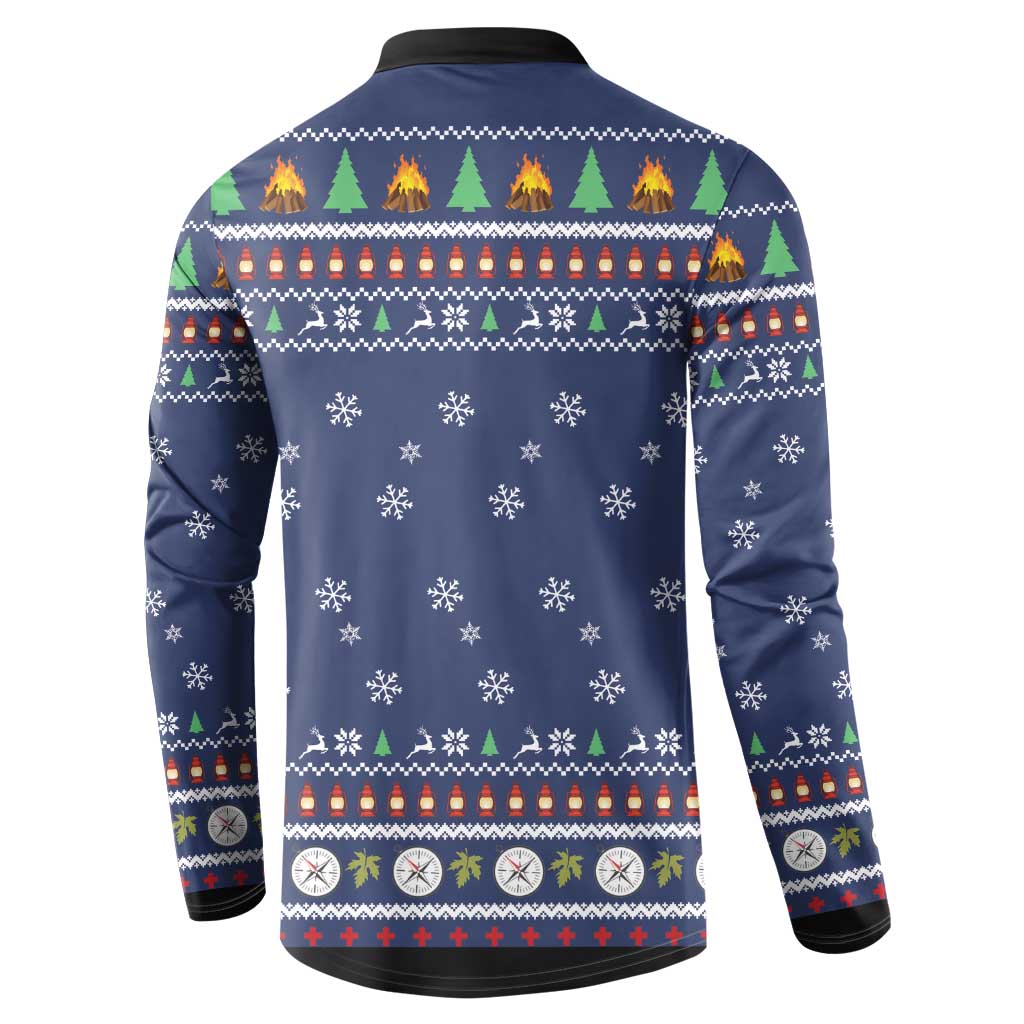Blue button sweatshirt back with holiday fair isle pattern, snowflakes, long sleeves