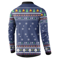 Blue button sweatshirt back with holiday fair isle pattern, snowflakes, long sleeves