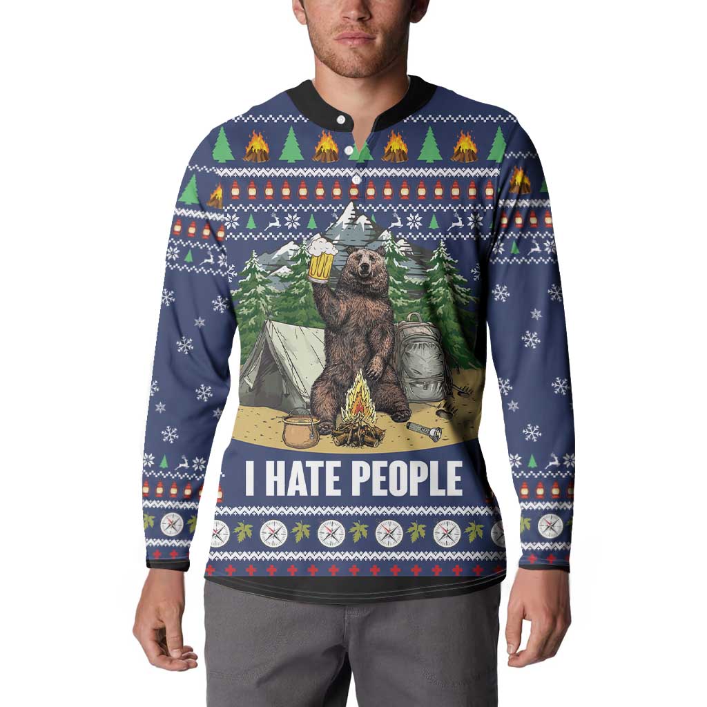 Blue button sweatshirt worn by model, bear camping graphic and “I HATE PEOPLE” print