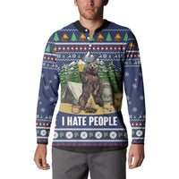 Blue button sweatshirt worn by model, bear camping graphic and “I HATE PEOPLE” print