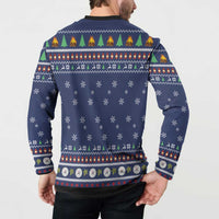 Blue crewneck button sweatshirt with festive snowflake and holiday pattern, long sleeves