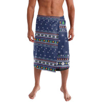 Blue wrap-style shorts with elastic waistband and winter fair-isle snowflake border