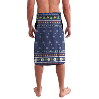 Blue wrap-style shorts, back view, elastic waistband with colorful holiday border print