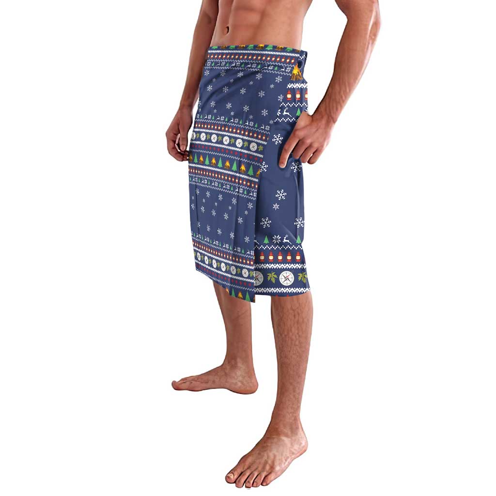 Blue wrap-style shorts with colorful holiday fair-isle stripe and snowflake pattern
