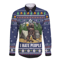 Unisex blue long-sleeve button shirt with bear camp and “I HATE PEOPLE” graphic