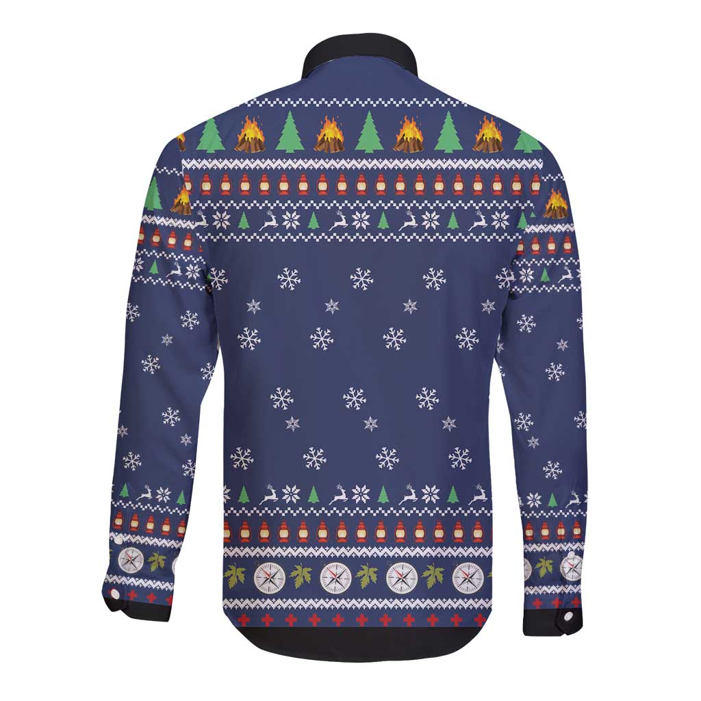 Unisex blue long-sleeve button shirt back with holiday snowflake and campsite pattern