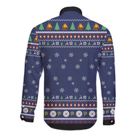 Unisex blue long-sleeve button shirt back with holiday snowflake and campsite pattern