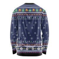Blue long-sleeve crewneck shirt back with festive snowflake and campsite patterns
