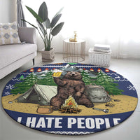 Round blue bear camping rug with tent-and-fire graphic and 'HATE PEOPLE' phrase