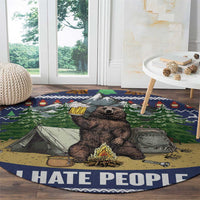 Round blue bear camping rug featuring tent scene, campfire, and 'HATE PEOPLE' text