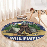 Round blue round camping rug with bear, tent, campfire, and 'HATE PEOPLE' lettering