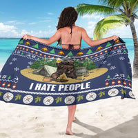 Blue bear camping Christmas sarong featuring centered 'I HATE PEOPLE' text and festive icons