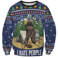 Unisex blue Christmas sweatshirt with bear camping graphic and 'HATE PEOPLE' print
