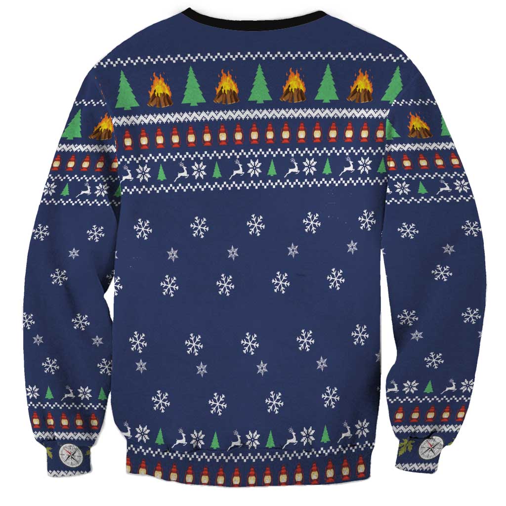 Unisex blue Christmas sweatshirt with festive snowflake, trees, and lantern pattern