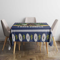 Navy tablecloth with clock and pine leaf pattern plus 'I HATE PEOPLE' text