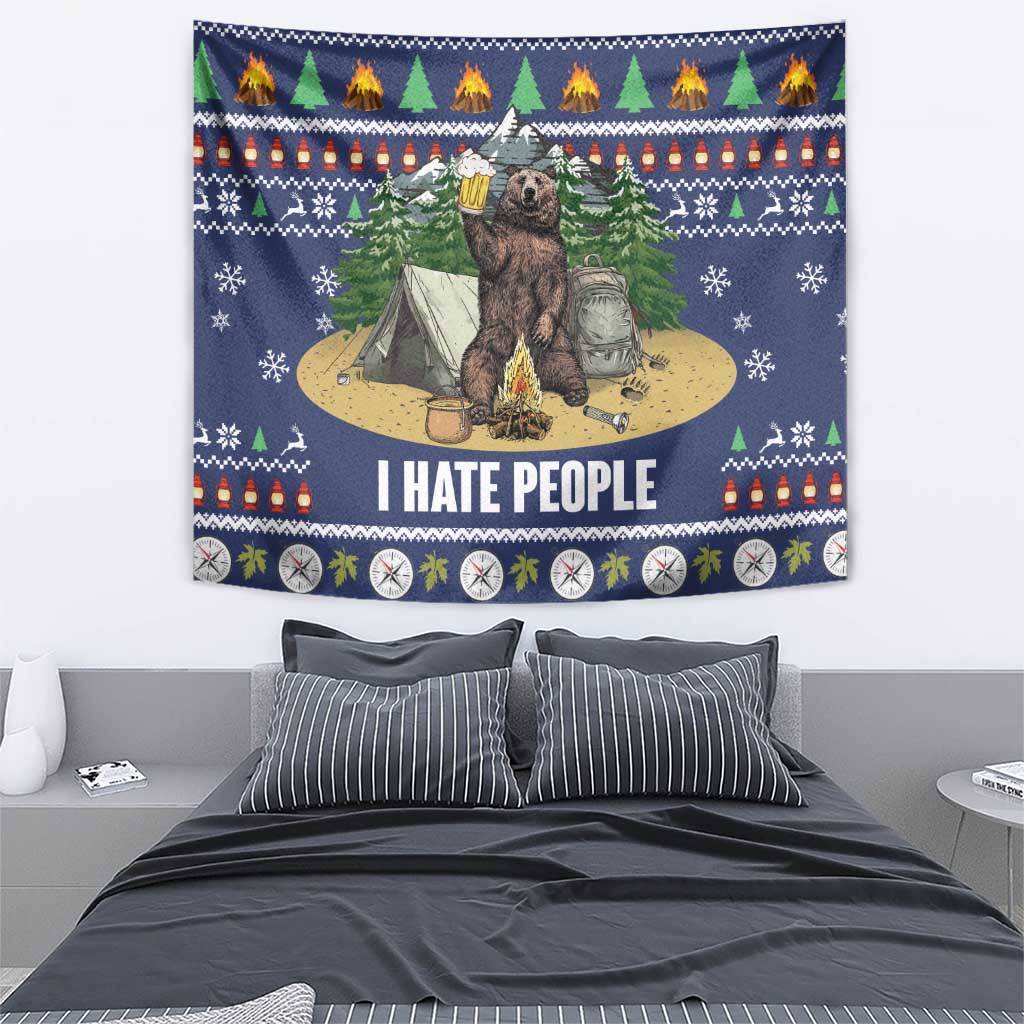 Blue Christmas bear camping tapestry featuring a bear, tent, fir trees, and “I HATE PEOPLE”