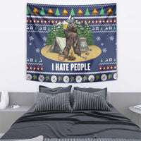 Blue Christmas bear camping tapestry featuring a bear, tent, fir trees, and “I HATE PEOPLE”