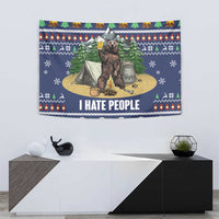 Blue Christmas bear camping tapestry with bear holding a beer, tent scene, and “I HATE PEOPLE”