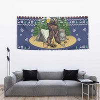 Blue Christmas bear camping tapestry with bear beside a tent, fir trees, and “I HATE PEOPLE”