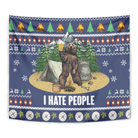 Blue Christmas bear camping tapestry with tent, camping items, decorative borders, and “I HATE PEOPLE”