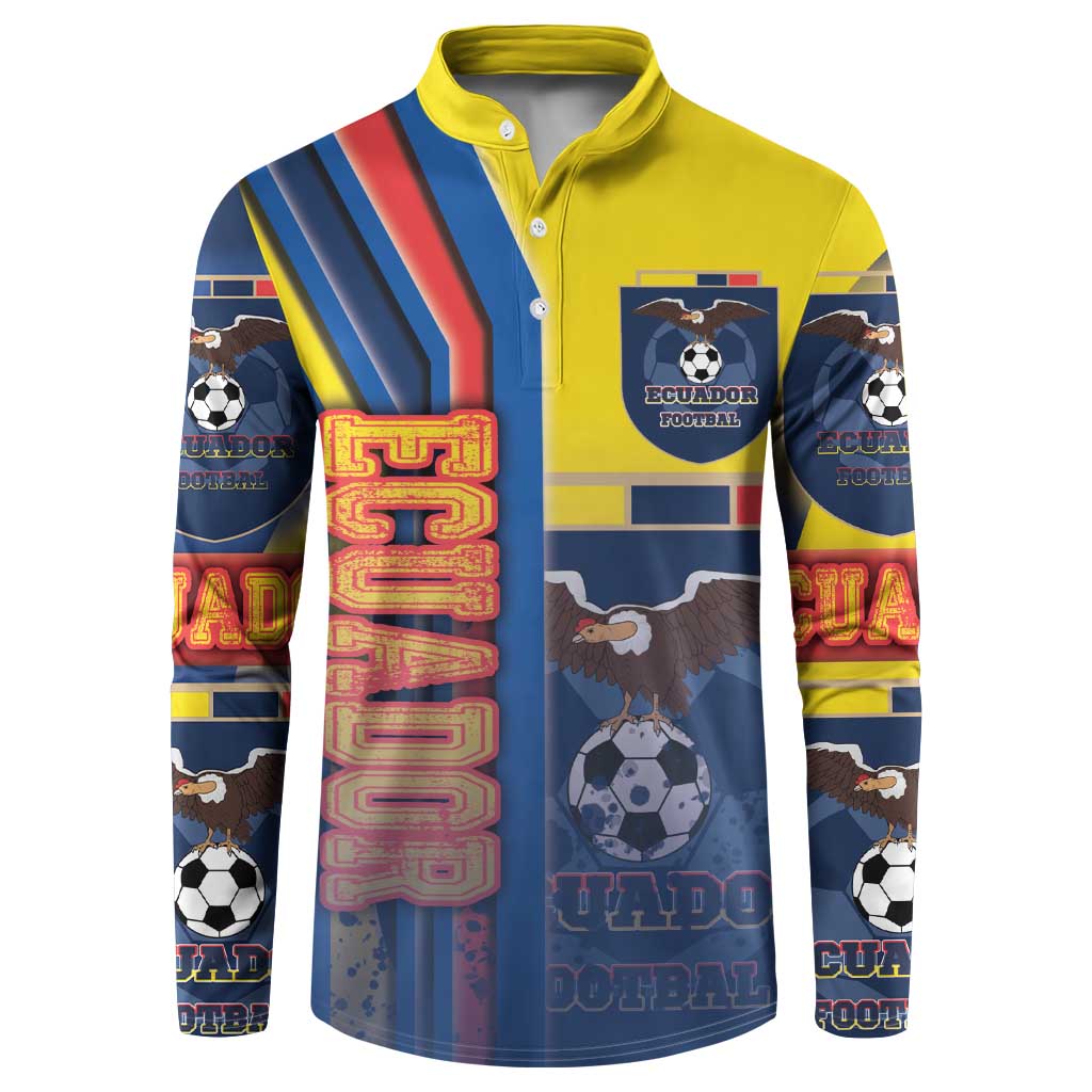 Yellow and blue Ecuador football button sweatshirt with long sleeves, front crest graphic.